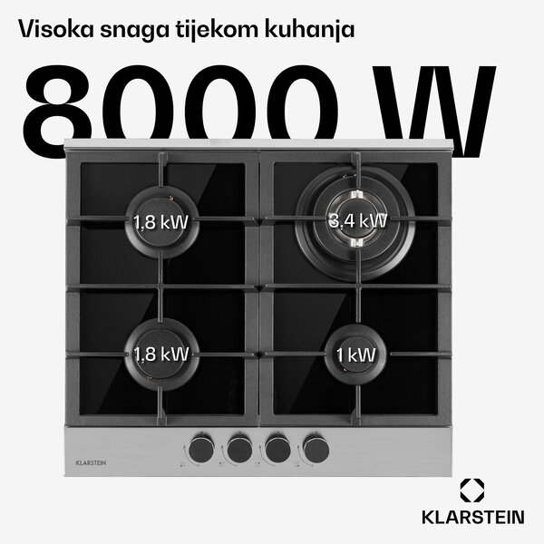 Klarstein Alchemist, 4-zonska plinska ploča za kuhanje, aluminijski plamenici, staklokeramička, crna