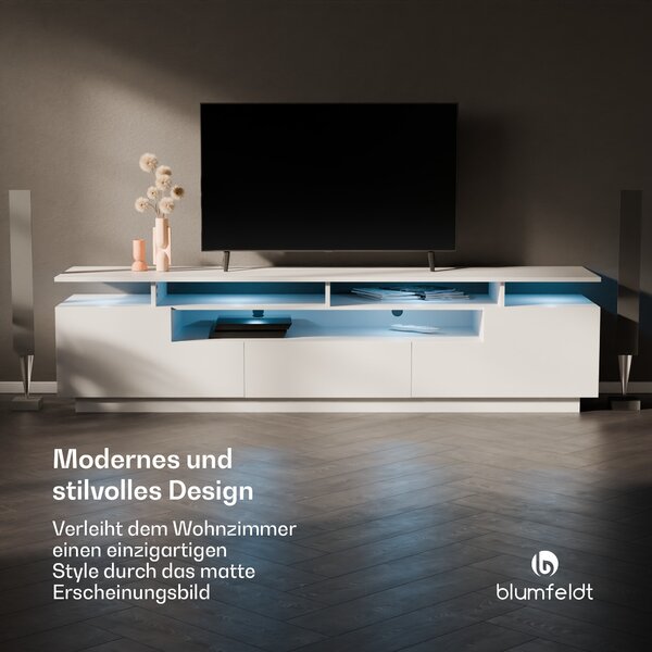Blumfeldt Perth Lowboard, TV ormarić, LED, 3 police, bijeli, 195 x 33 x 50 cm, LED