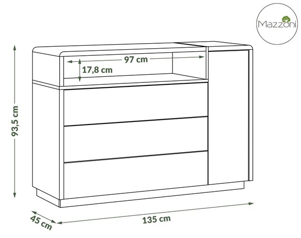 Mazzoni FOLK K-135 Široka komoda, bijela mat / bijela sjaj / beton