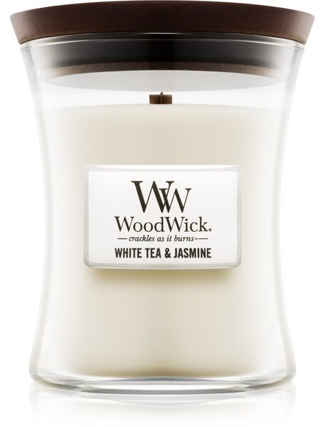 Woodwick White Tea & Jasmine mirisna svijeća s drvenim fitiljem 275 g