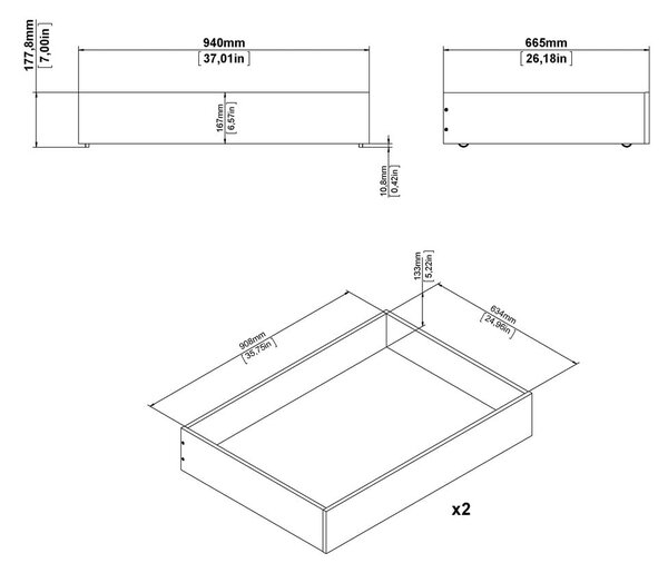 Crne ladice za ispod kreveta u setu 2 kom 90x190/140x190 cm Naia – Tvilum