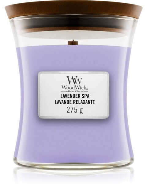 Woodwick Lavender Spa mirisna svijeća s drvenim fitiljem 275 g