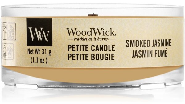 Woodwick Smoked Jasmine mala mirisna svijeća bez staklene posude s drvenim fitiljem 31 g