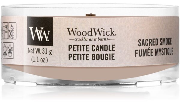 Woodwick Sacred Smoke mala mirisna svijeća bez staklene posude s drvenim fitiljem 31 g