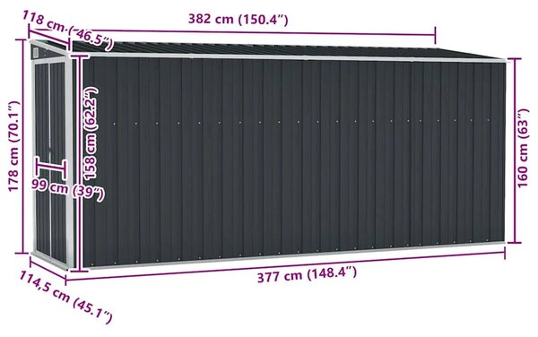 Zidno Vrtna kućica - Vrtno spremište antracit 118 x 382 x 178 cm čelično - Antracit 118 x 382 x 178 cm