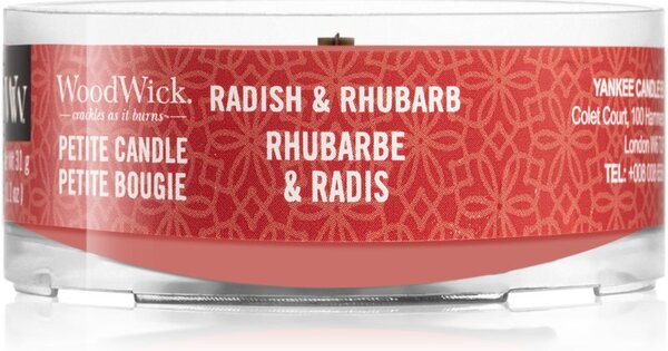 Woodwick Radish & Rhubarb mala mirisna svijeća bez staklene posude s drvenim fitiljem 31 g