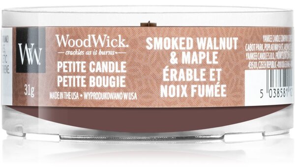 Woodwick Smoked Walnut & Maple mala mirisna svijeća bez staklene posude s drvenim fitiljem 31 g