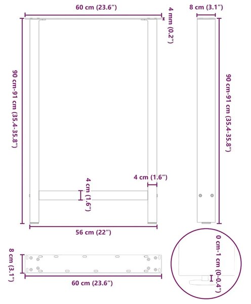 Noge za barski stol Bijele 2 kom 60 x (90-91) cm Čelik - Bijela 60 x (90-91) cm