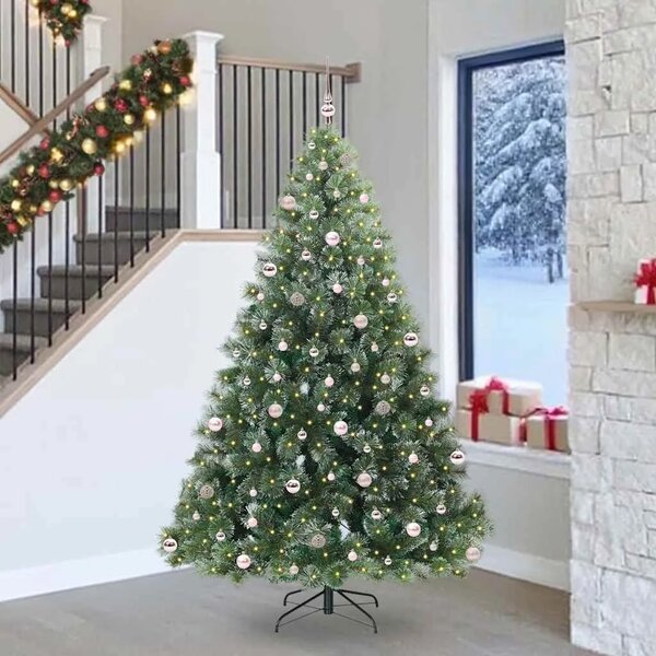 Umjetno božićno drvce s stalakom Zelena 240 cm PE i PVC - 240 cm Bijelo s LED-ima i ružičastim kuglicama