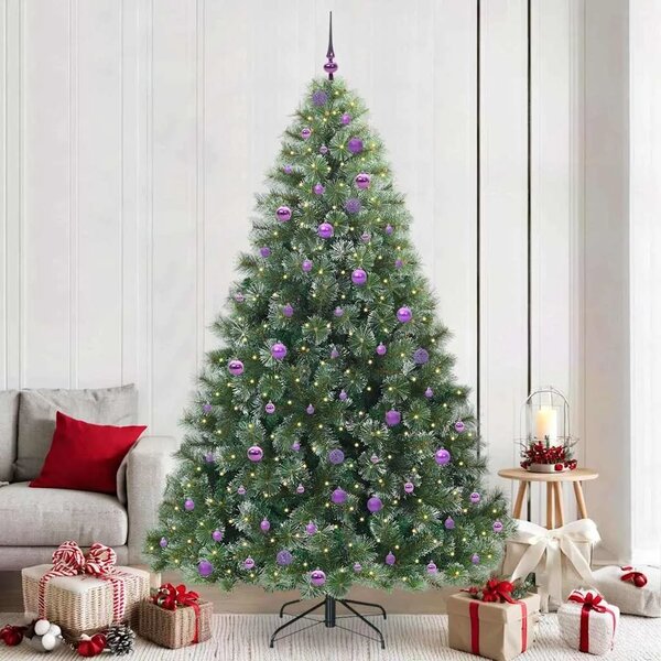 Umjetno božićno drvce s stalakom Zelena 240 cm PE i PVC - 240 cm Bijelo s LED-ima i ljubičastim kuglicama