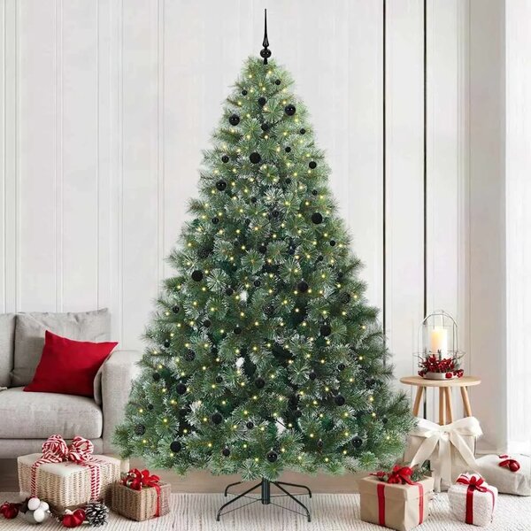 Umjetno božićno drvce s stalakom Zelena 240 cm PE i PVC - 240 cm Bijelo s LED-ima i crnim kuglicama