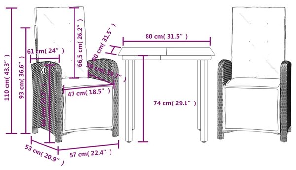 3-dijelni bistro set s jastucima svjetlosivi od poliratana - Dužina stola 80 cm 2 Okrugla noga