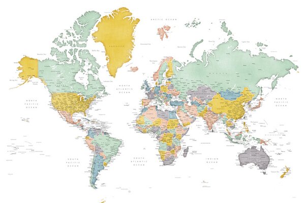Karta Detailed world map in mid-century colors, Patti, Blursbyai, (40 x 26.7 cm)