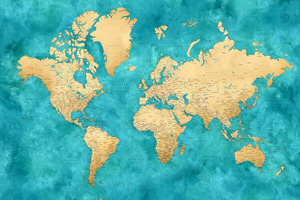 Karta Detailed world map with cities in gold and teal watercolor, Lexy, Blursbyai, (40 x 26.7 cm)