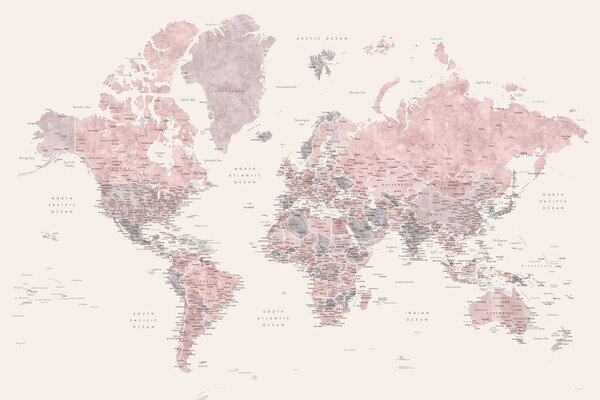 Karta Detailed watercolor world map in dusty pink and cream, Madelia, Blursbyai, (40 x 26.7 cm)