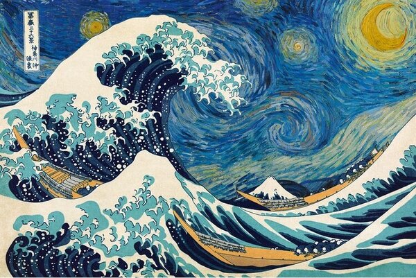 Poster Katsushika Hokusai ft. van Gogh - Veliki val kod Kanagawe, (91.5 x 61 cm)