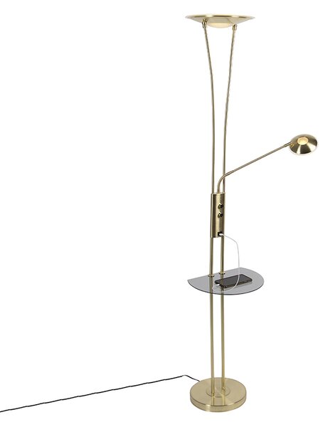Podna svjetiljka zlatna s krakom za čitanje, uključujući LED i USB priključak - Seville