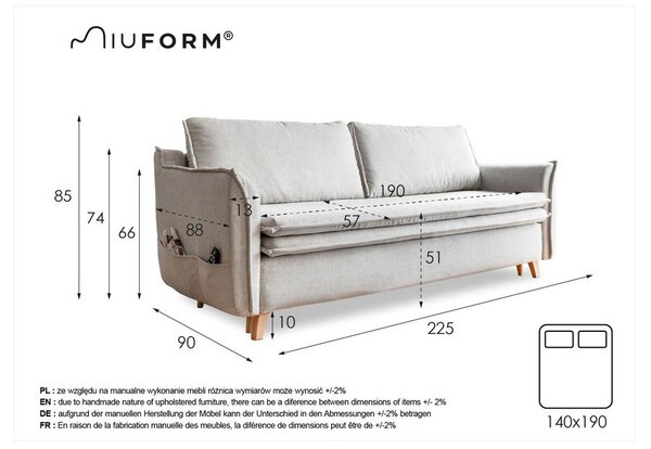 Bež baršunasti sklopiva sofa 225 cm Charming Charlie – Miuform
