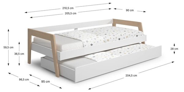 Bijeli dječji krevet od masivnog bora s dodatnim ležajem s prostorom za odlaganje s podnicom 90x200 cm Carrie – Marckeric