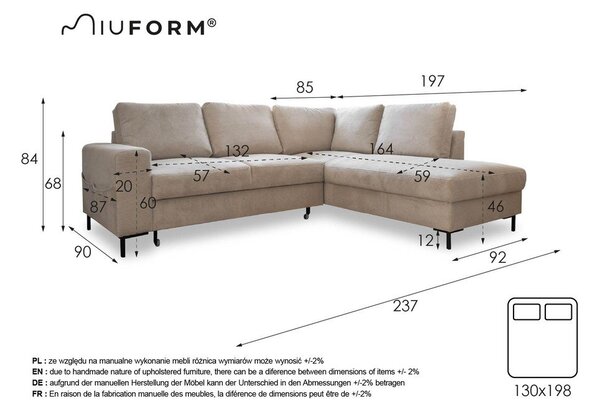 Bež sklopiva kutna garnitura od samta (s desnim kutom) Lofty Lilly – Miuform