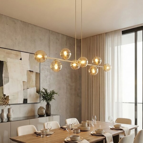 EMIBIG LIGHTING Rossi viseća svjetiljka, bež, duljina 130 cm, 8 svjetiljki, staklo/metal, prigušiva, Bež, Dnevni boravak/blagovaonica, Staklo, Metak