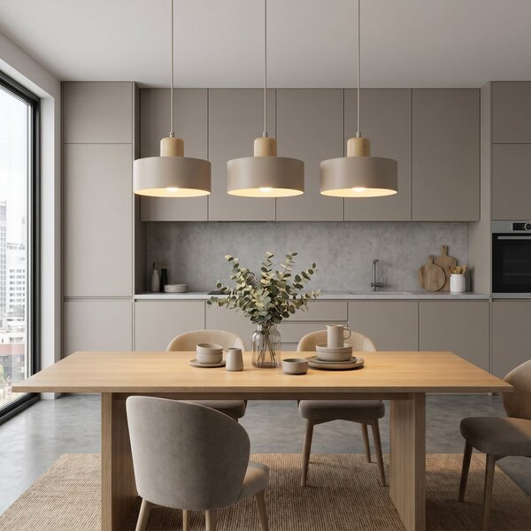 EMIBIG LIGHTING Torin viseća lampa, bež, duljina 80 cm, 3 svjetla, metal/drvo, prigušiva, Bež, Dnevni boravak/blagovaonica, Metal