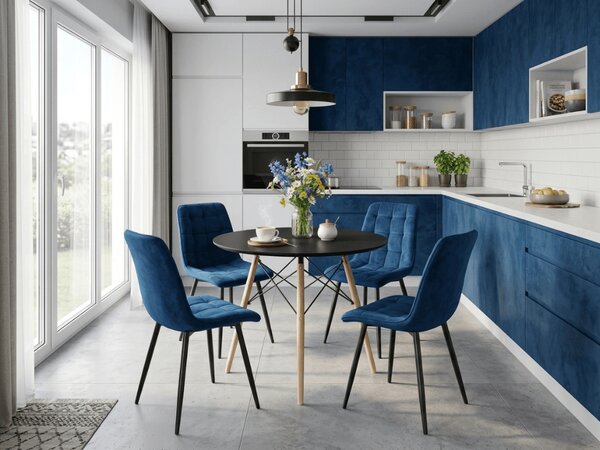 Blagovaonska stolica SPLIT VELVET s crnim nogama, plava
