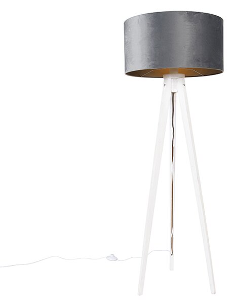 Moderna podna svjetiljka stativ bijela sive sjene od velura 50 cm - Tripod Classic