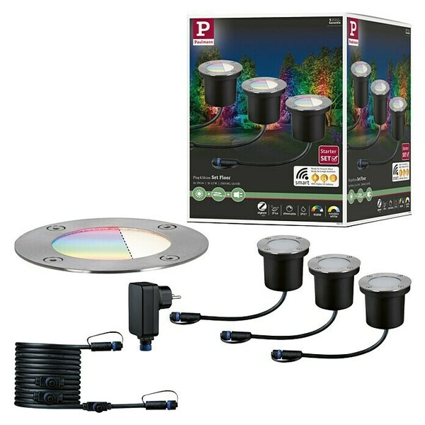 Paulmann Plug & Shine Osnovni set LED ugradbena podna svjetiljka Smart Home Zigbee (3,6 W, Srebrna, Ø x V: 9,8 x 9,2 cm, Mogućnost upravljanja s pomoću aplikacije, IP65)