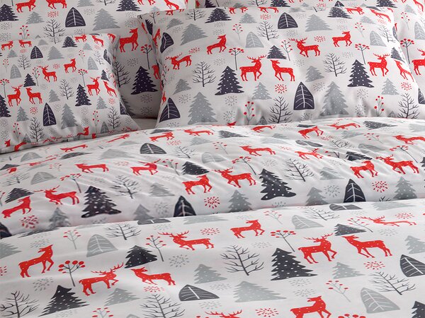 Flanel posteljina RED DEERS AND TREES bijela Dimenzije posteljine: 2 kom 70 x 90 cm | 200 x 220 cm