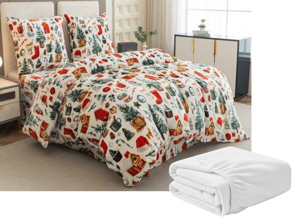Set posteljine od mikropliša FESTIVE MAGIC bijelo + plahta od mikropliša SOFT 180x200 cm bijelo, dvokrevetno