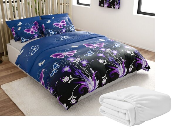 Set posteljine od mikropliša VIOLET BUTTERFLY tamno plave boje + plahta od mikropliša SOFT 180x200 cm bijele boje, bračni krevet