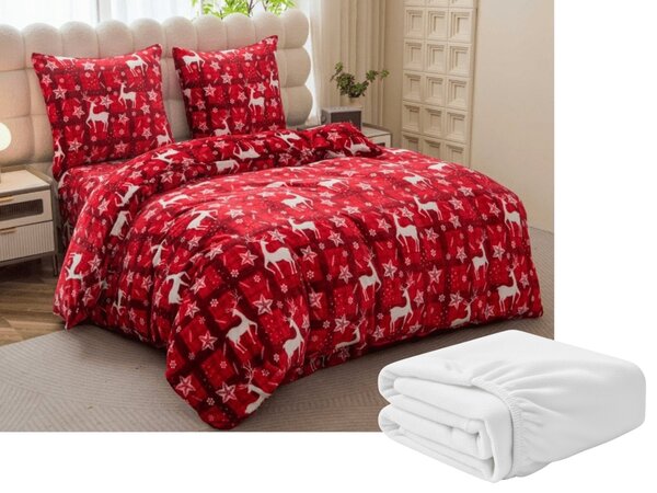 Set posteljine od mikropliša VELVET CHRISTMAS crvena + plahta od mikropliša SOFT 90x200 cm bijela, za jedan krevet
