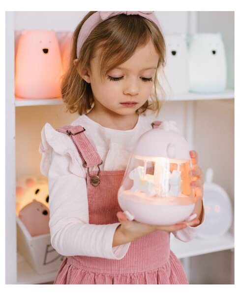 Rabbit&Friends noćna svjetiljka s glazbenom kutijom i vrtuljkom - Pastel Pink, USB punjenje