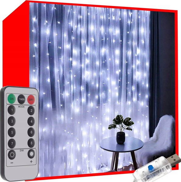 Novogodišnja svjetla svjetlosna zavjesa 300 LED hladno bijela 8 funkcija 290x290cm USB