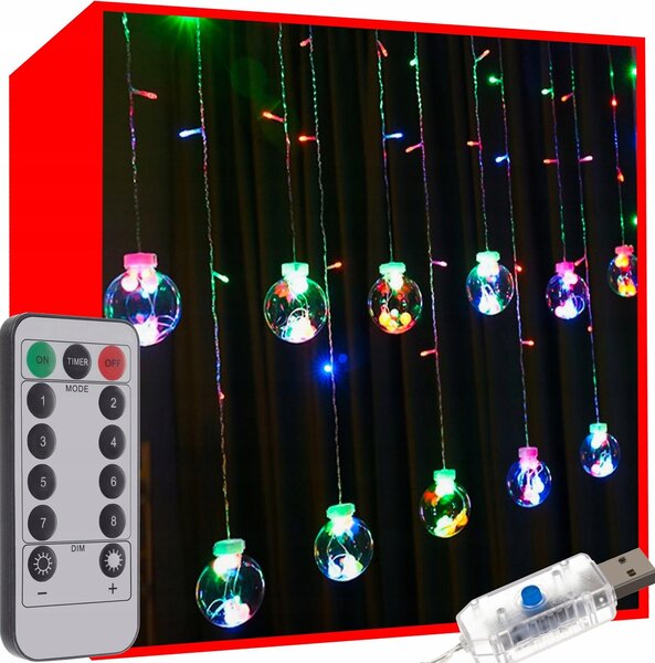 Novogodišnja svjetla lagana zavjesa 108 LED RGB 8 funkcija USB kuglice