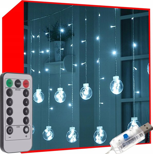 Božićna svjetla svjetlosna zavjesa 108 LED hladno bijela 8 funkcija USB kuglice