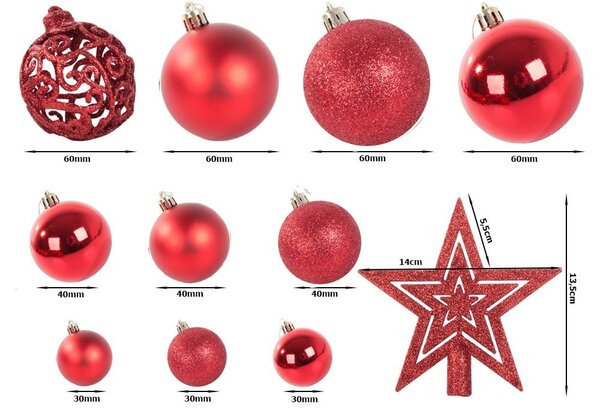 Set crvenih božićnih kuglica 100 komada + zvijezda