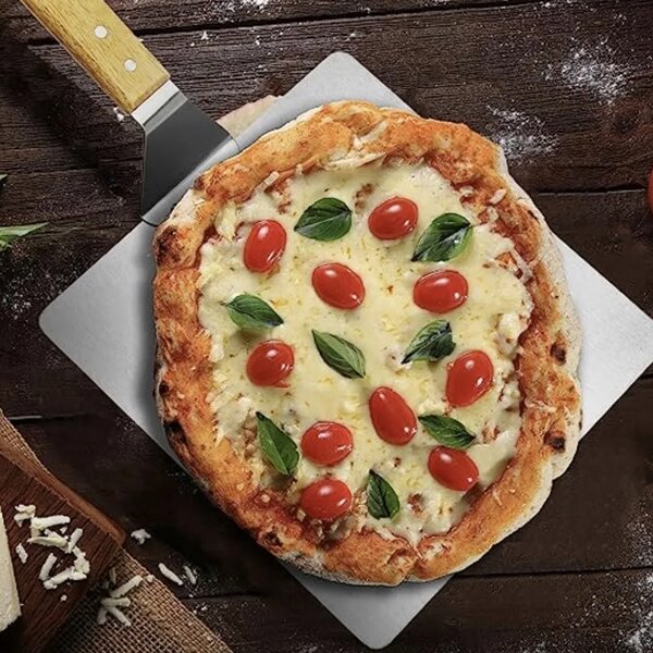 Snažni reket od nehrđajućeg čelika za pizzu 44 cm drveni držač
