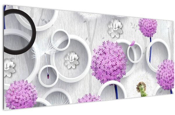 3D slika apstrakcije s krugovima i cvijećem (120x50 cm)