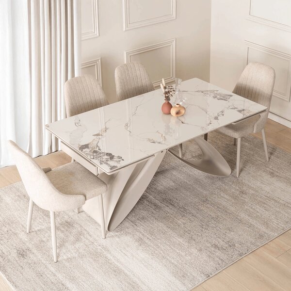 Blagovaonski stol na razvlačenje Lungo (bijeli mramor + kašmir) (za 6-8 osoba)