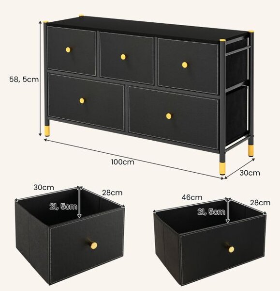 Komoda za spavaću sobu s 5 ladica, široka komoda od tkanine s metalnim okvirom, 100 x 30 x 58,5 cm, prozirne boje