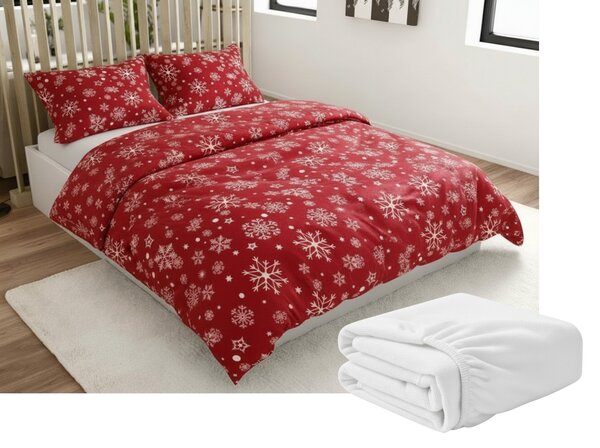 Set posteljine od mikropliša SNOWFALL crveno + plahta od mikroplyša SOFT 180x200 cm bijela, bračni krevet