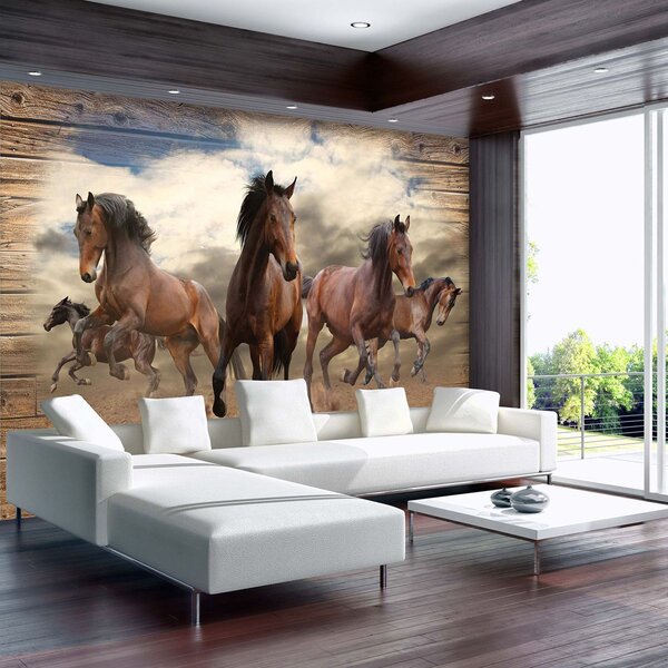 Foto tapeta - Konji u galopu na drvenim daskama (152,5x104 cm)