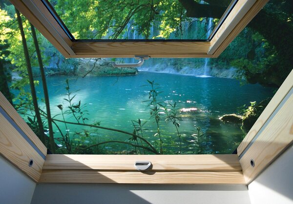 Foto tapeta - Pogled s prozora na tirkizno jezero (152,5x104 cm)