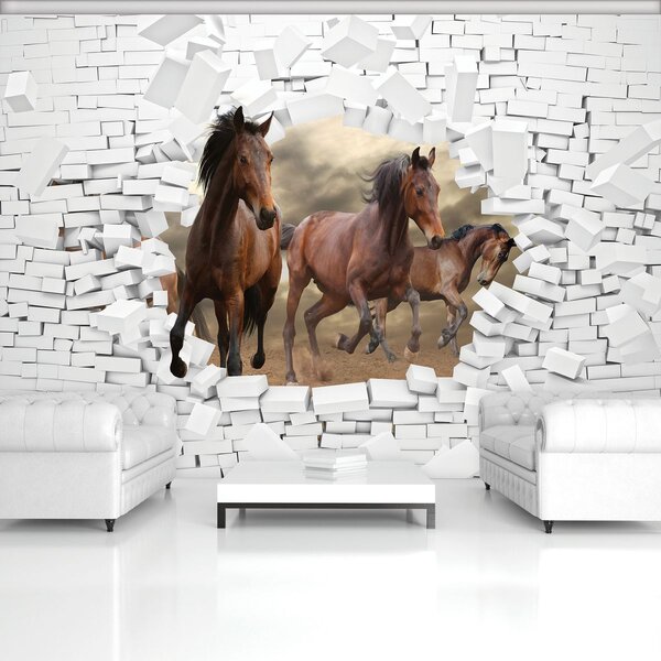 Foto tapeta - 3D konji u zidu (152,5x104 cm)