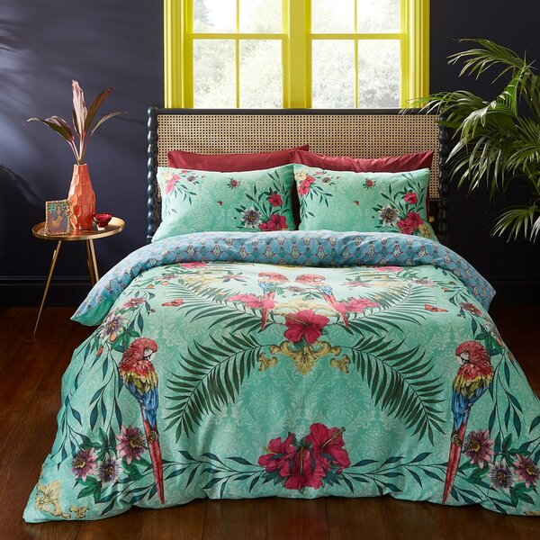 Zelena/plava posteljina za krevet za jednu osobu od pamučnog satena 135x200 cm Paradise Parrot – Matthew Williamson