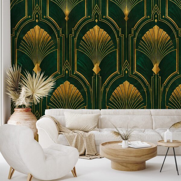 Fototapeta zlatne art deco lepeze na zelenoj