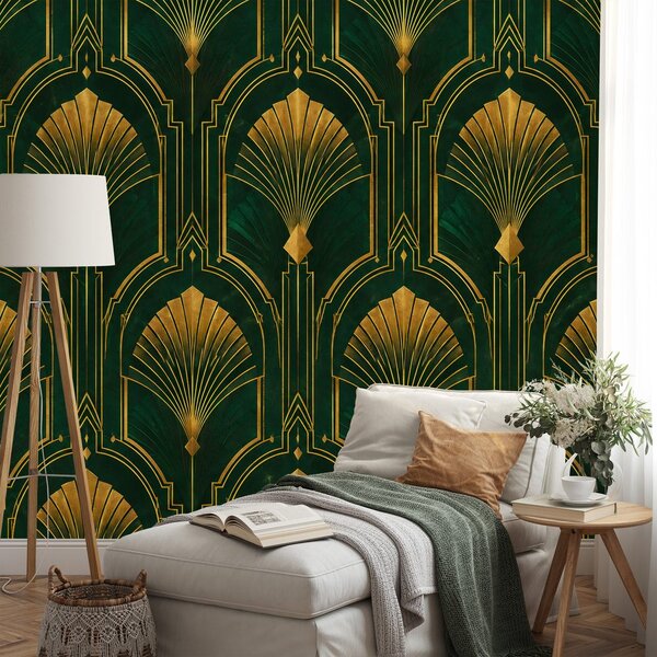 Fototapeta zlatne art deco lepeze na zelenoj