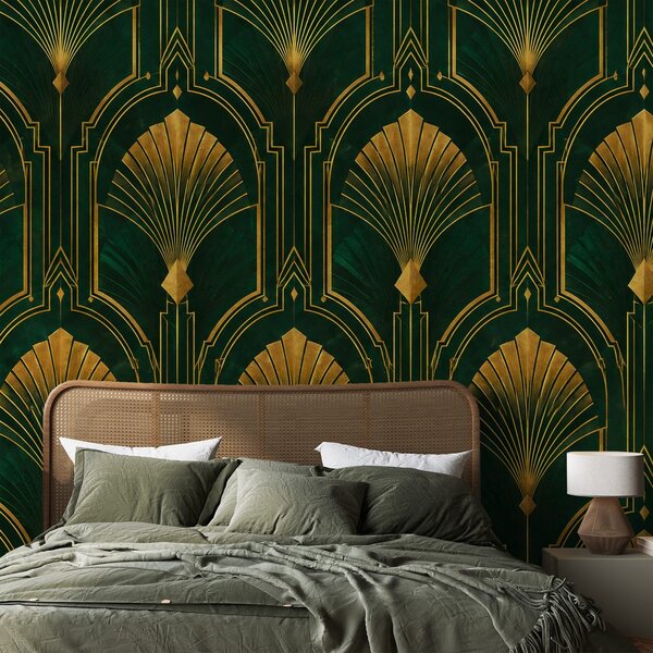 Fototapeta zlatne art deco lepeze na zelenoj